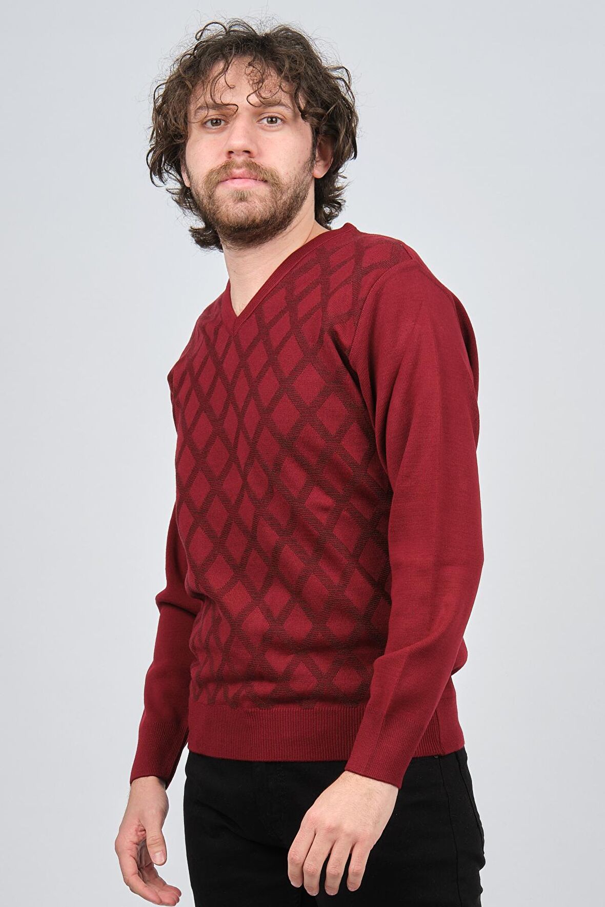 Pave Erkek V Yaka Desenli Yün Kazak 4539072 Bordo