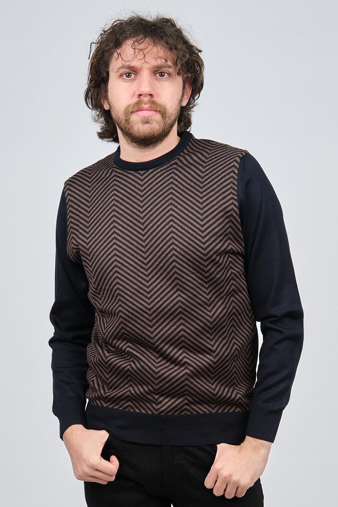 Pave Erkek Bisiklet Yaka Desenli Yün Kazak 4537043 Lacivert