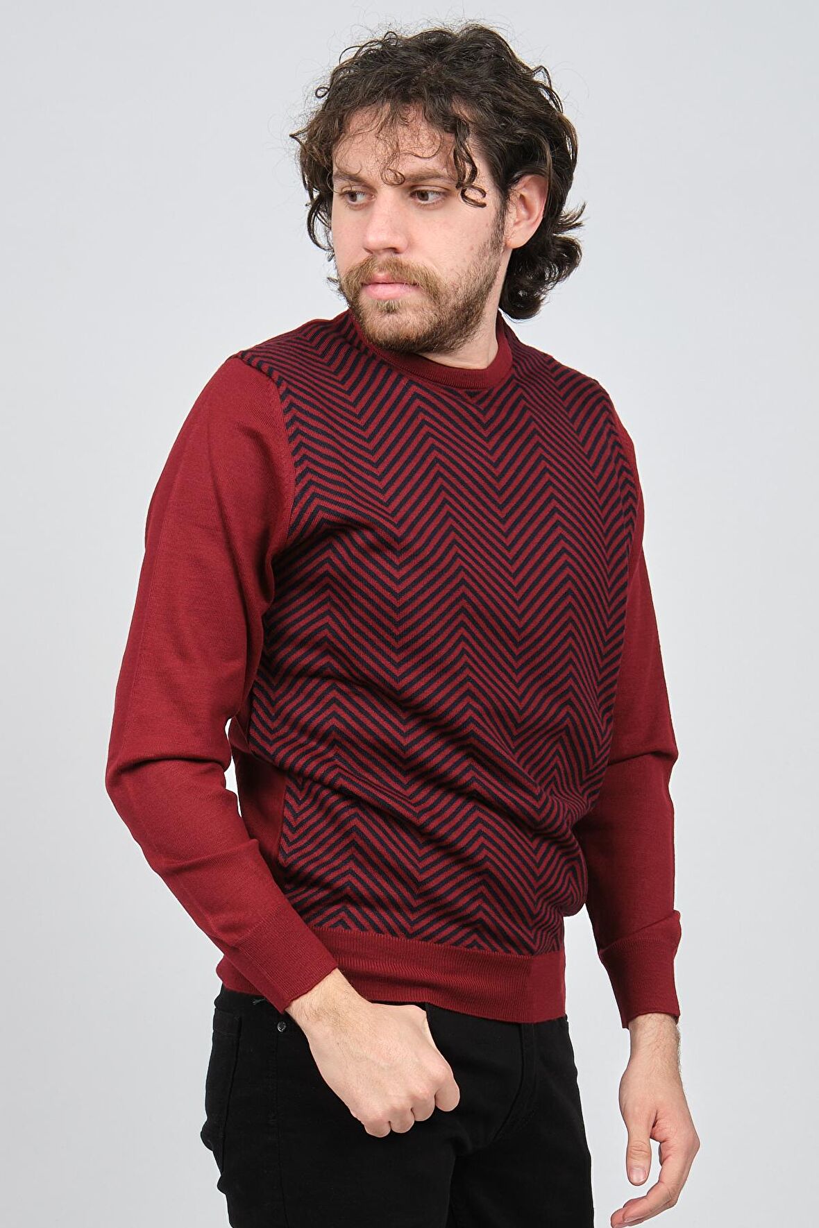 Pave Erkek Bisiklet Yaka Desenli Yün Kazak 4537043 Bordo