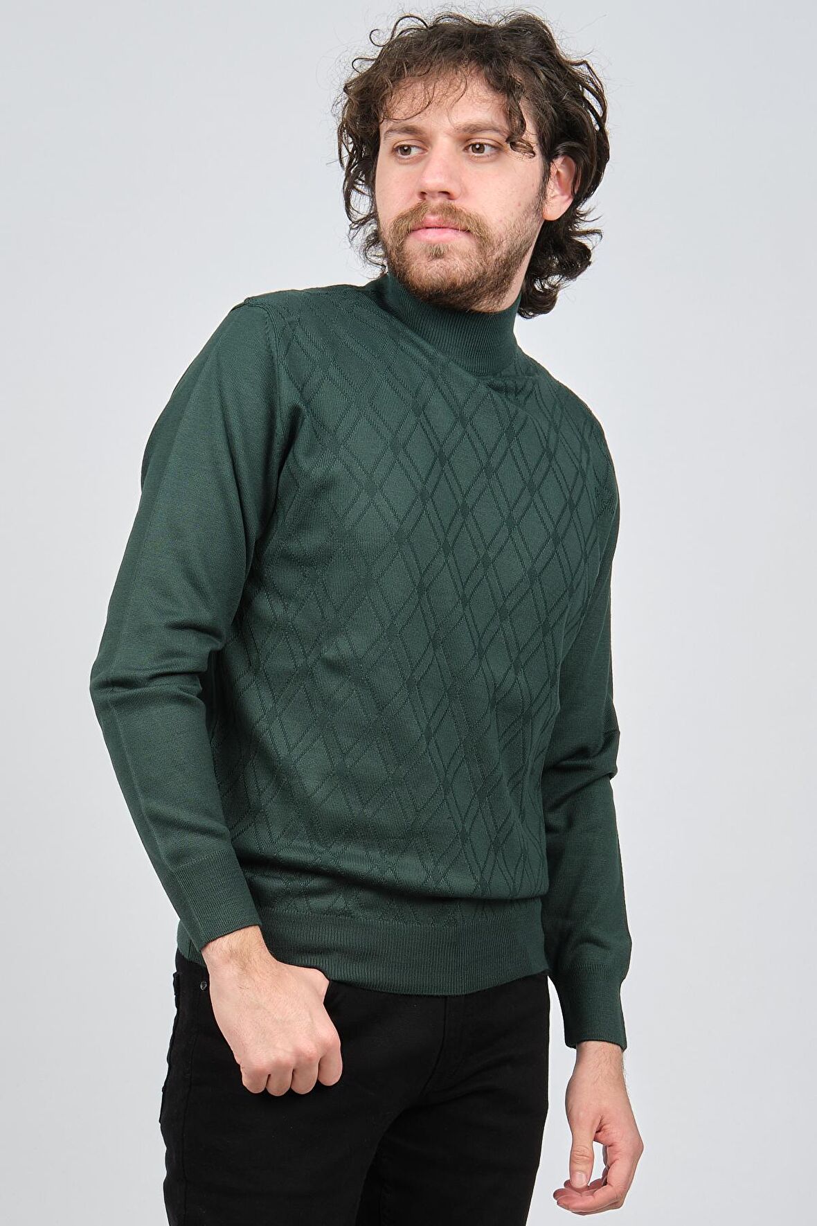 Pave Erkek Yarım Balıkçı Desenli Yün Kazak 4537210 Yeşil