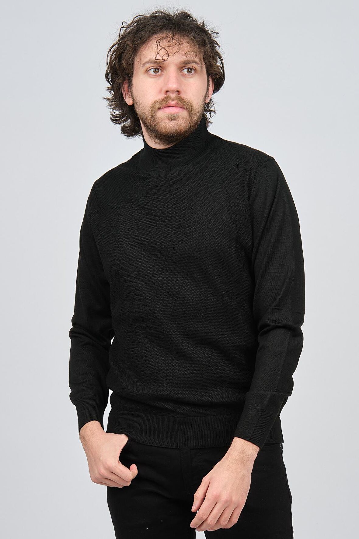 Pave Erkek Yarım Balıkçı Desenli Kazak 4537200 Siyah