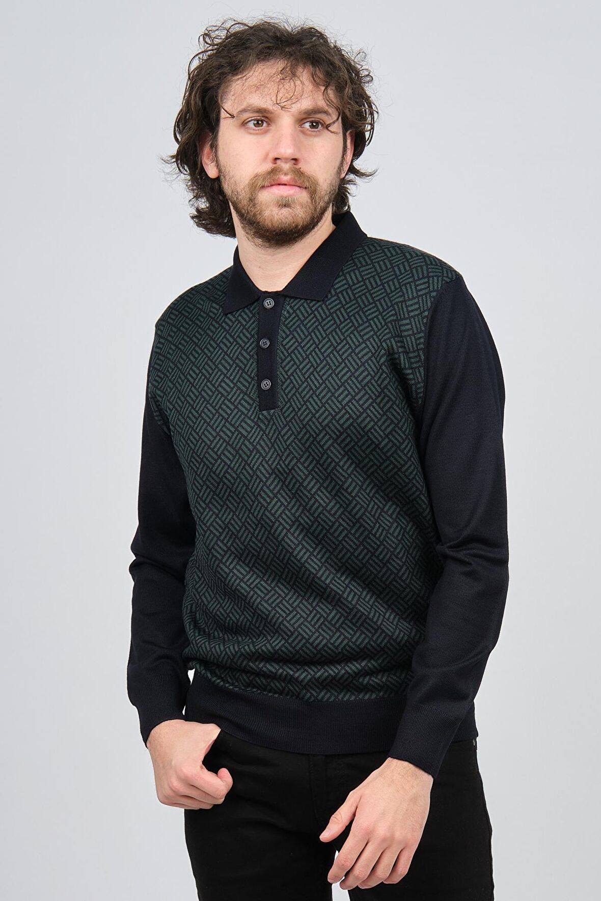 Pave Erkek Polo Yaka Desenli Yün Kazak 4537134 Lacivert