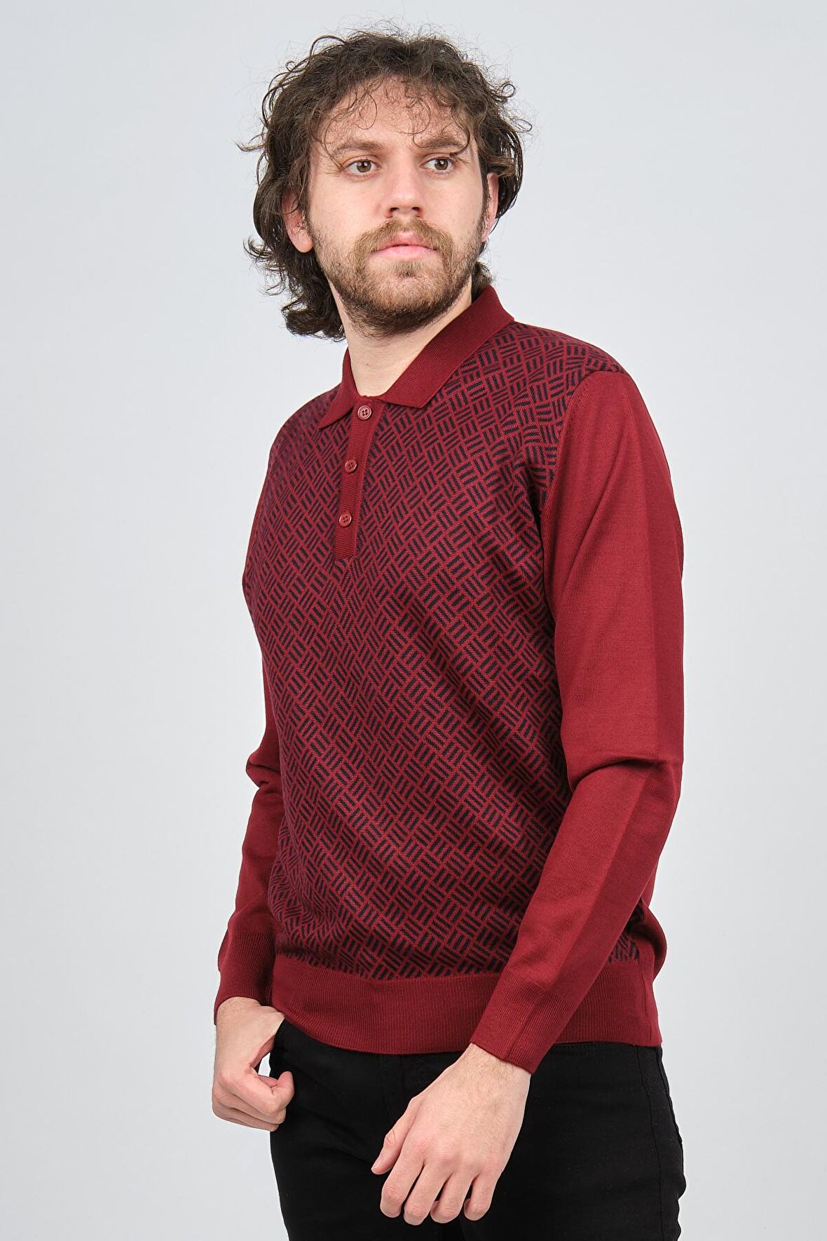 Pave Erkek Polo Yaka Desenli Yün Kazak 4537134 Bordo
