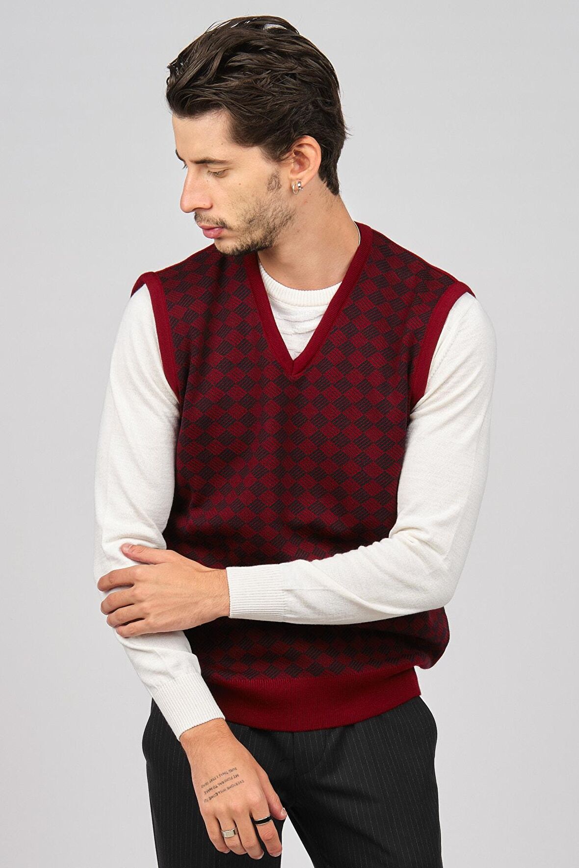 Pave Erkek Desenli Yünlü Süveter 4539011 Bordo