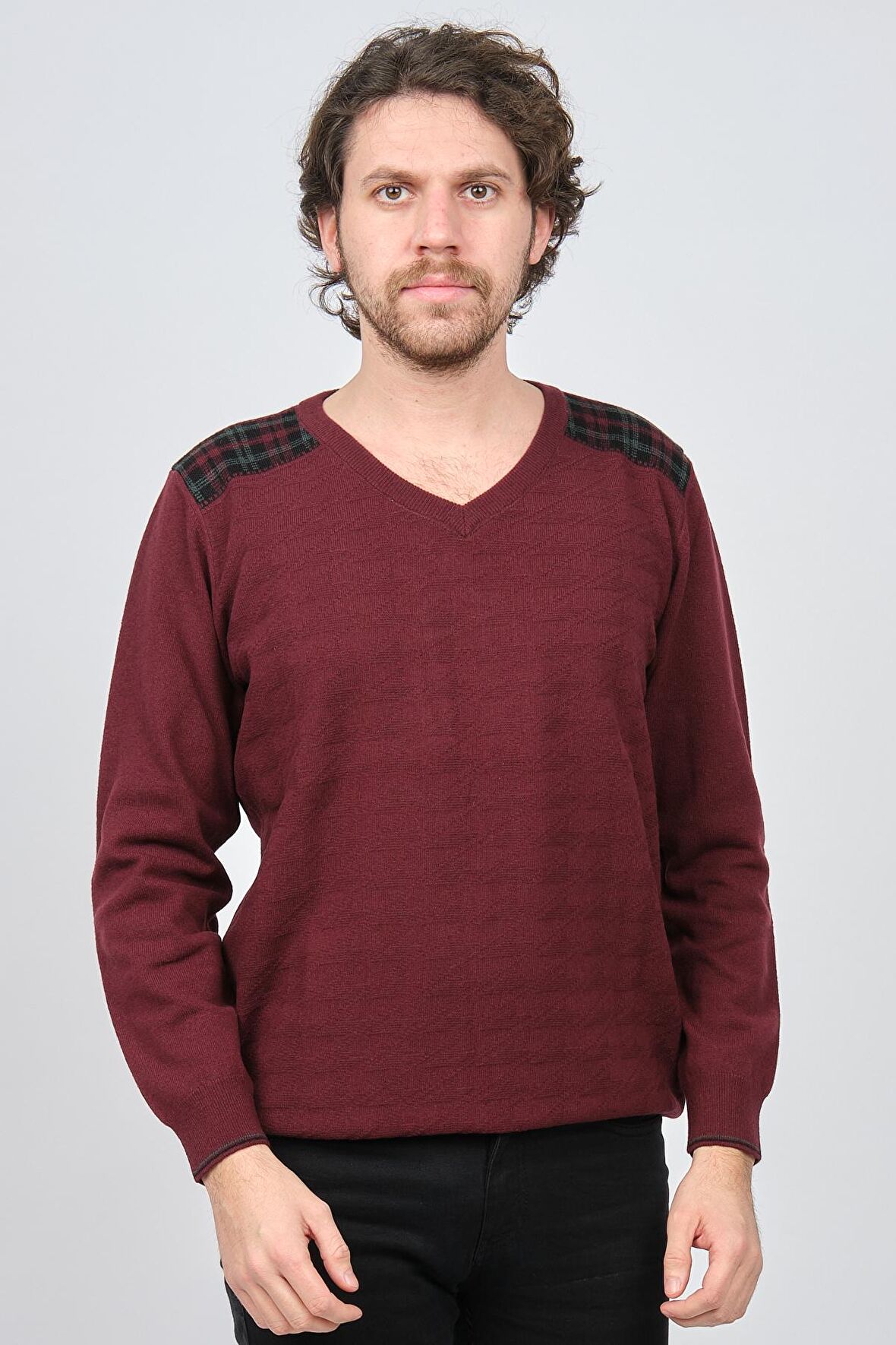 Desen Triko Erkek V Yaka Saf Yün Kazak 0246538 Bordo