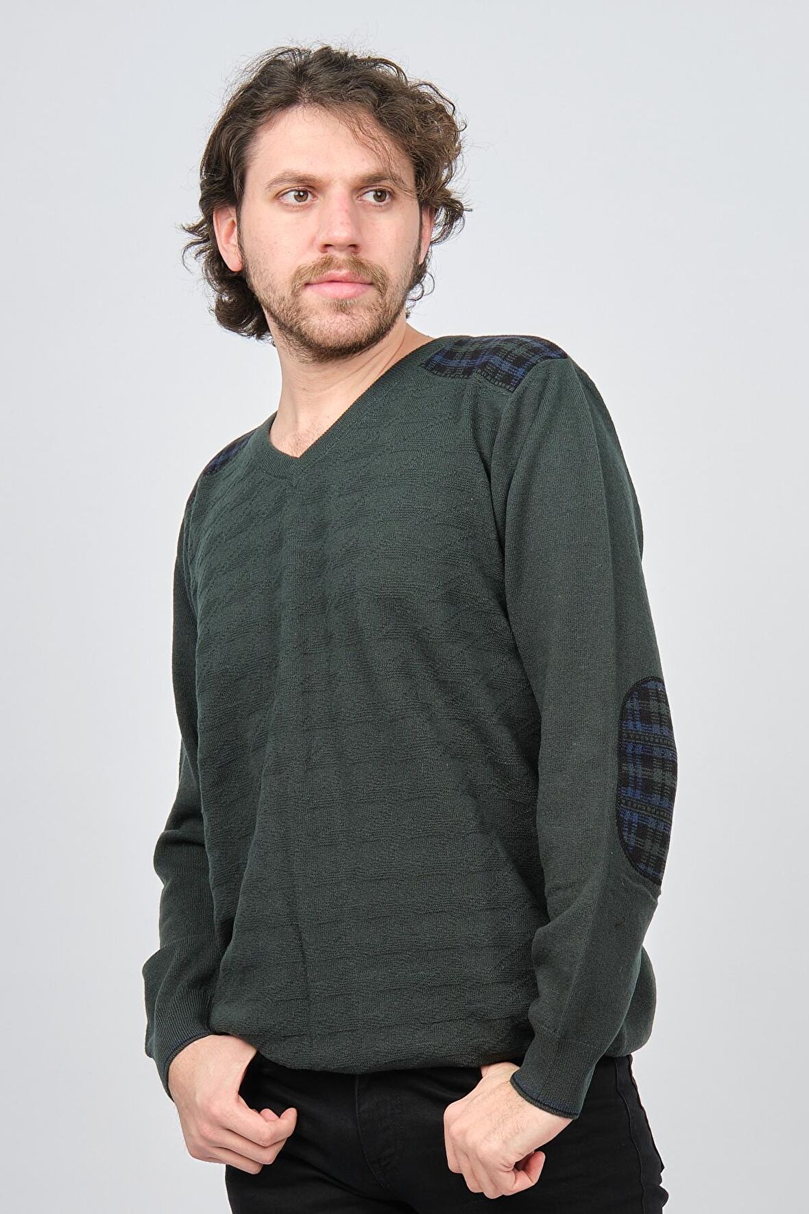 Desen Triko Erkek V Yaka Saf Yün Kazak 0246538 Yeşil