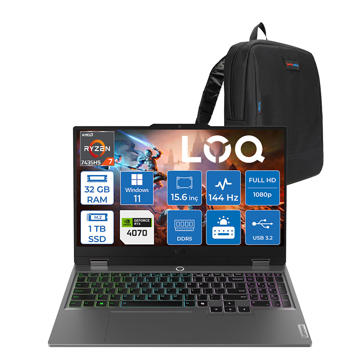 Lenovo Loq 15ARP9 Amd Ryzen 7 7435HS 32GB Ddr5 1tb SSD Windows 11 Home 4070 8gb 115W 15.6" Fhd (1920X1080) IPS 300NITS 144Hz Taşınabilir Bilgisayar 83JC00FGTRH17 + Zetta Çanta
