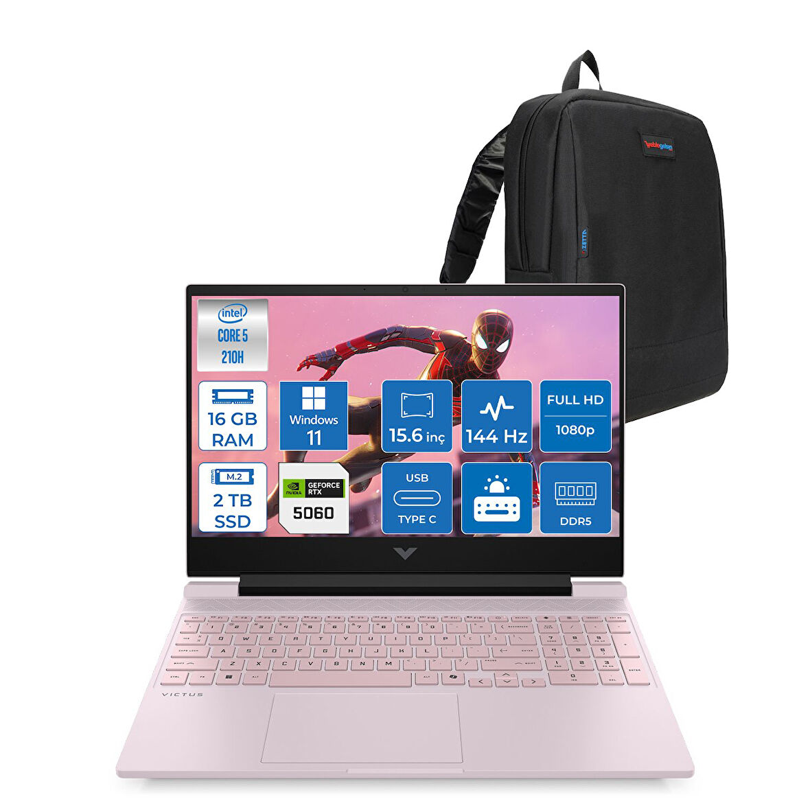 Hp Victus 15-FA2008NT Intel Core 5 210H 16GB Ddr5 2tb SSD RTX5060 Gddr7 8gb Windows 11 Home 15.6" FHD(1920 x 1080) 144Hz IPS 300NITS Toz Pembe Taşınabilir Bilgisayar BV7V6EAH04 + Zetta Çanta