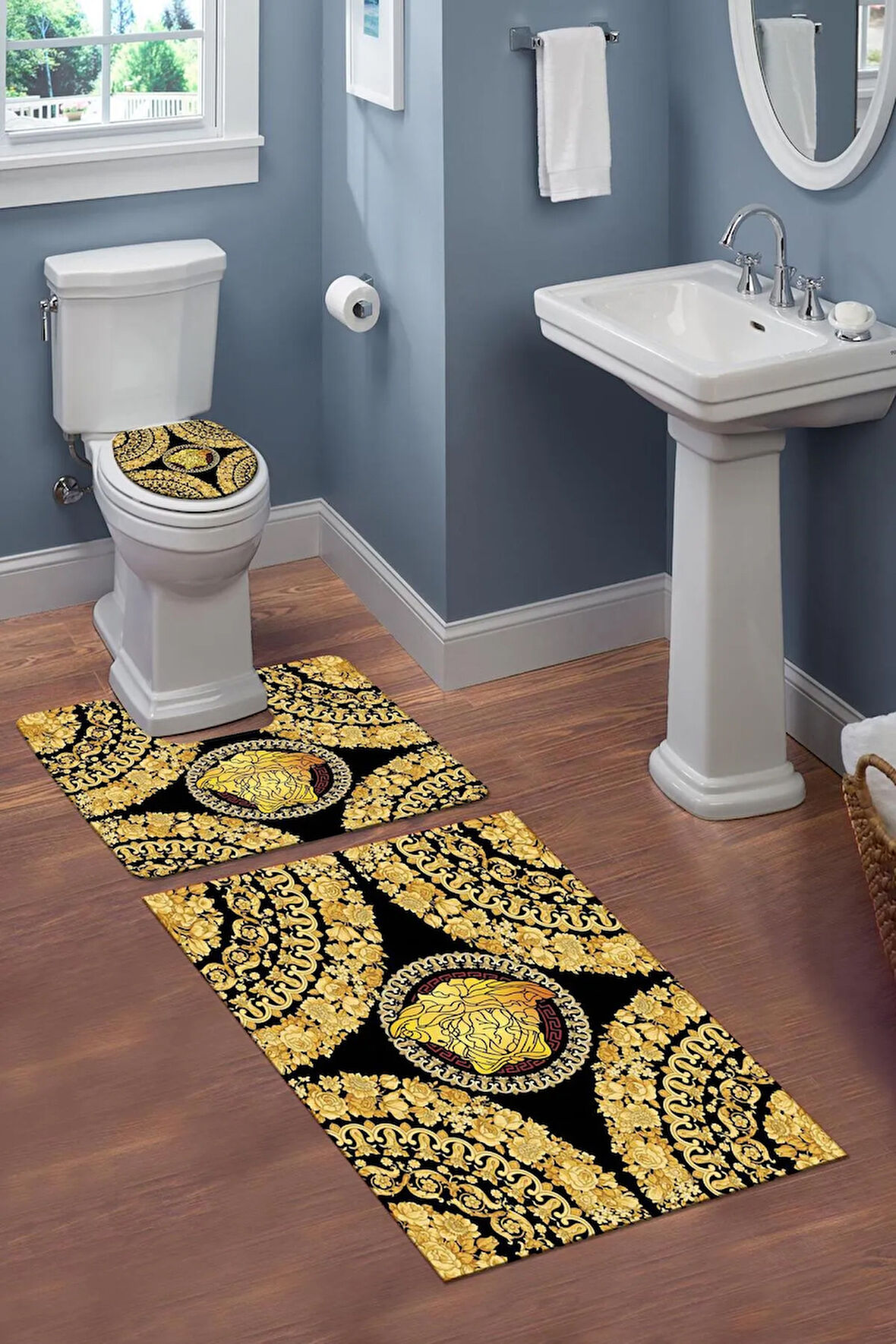 Yıkanabilir Kaymaz Tabanlı Dekoratif Desenli 3 lü Klozet Takımı Banyo Paspas Seti