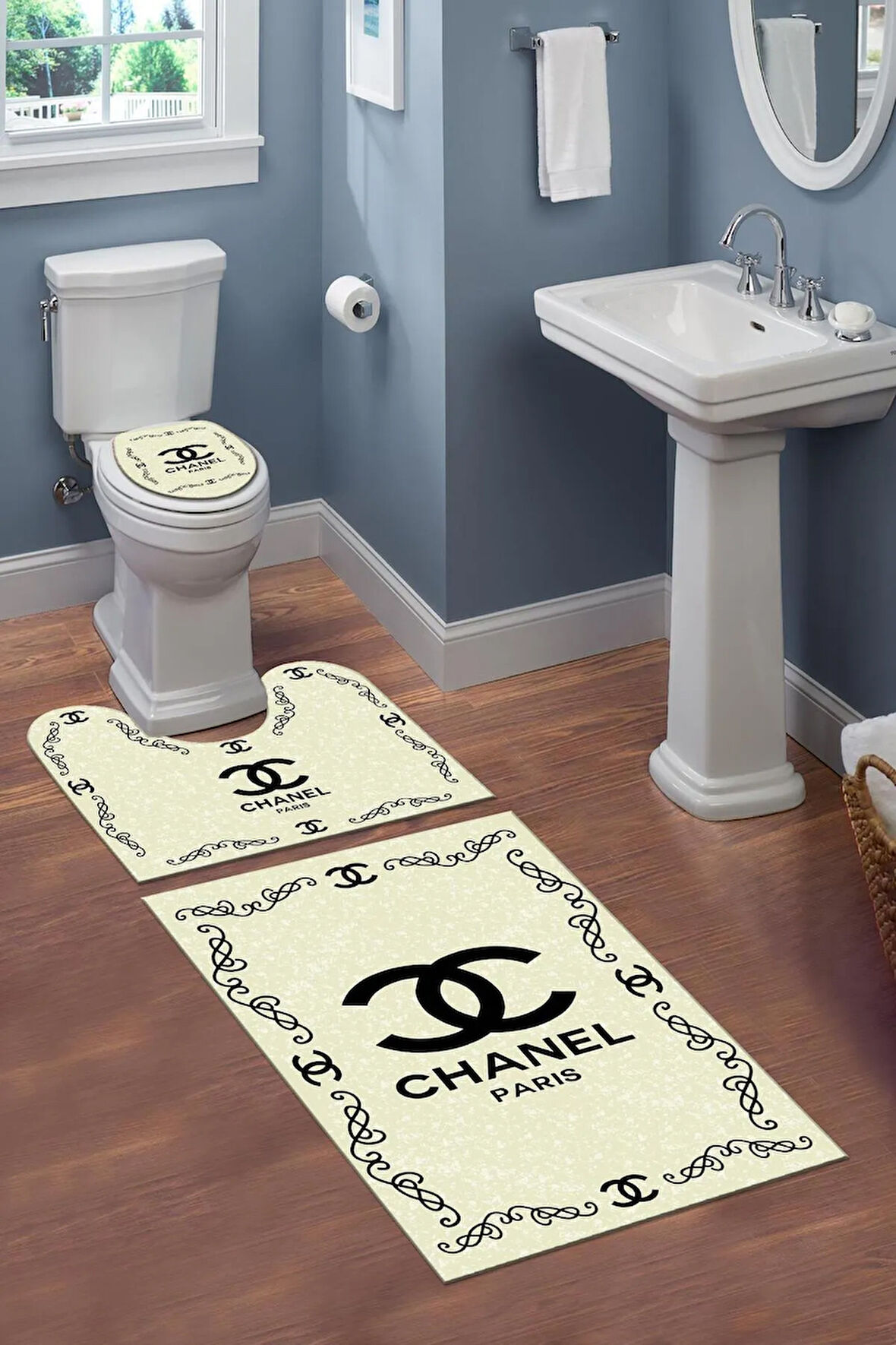 Yıkanabilir Kaymaz Tabanlı Dekoratif Desenli 3 lü Klozet Takımı Banyo Paspas Seti