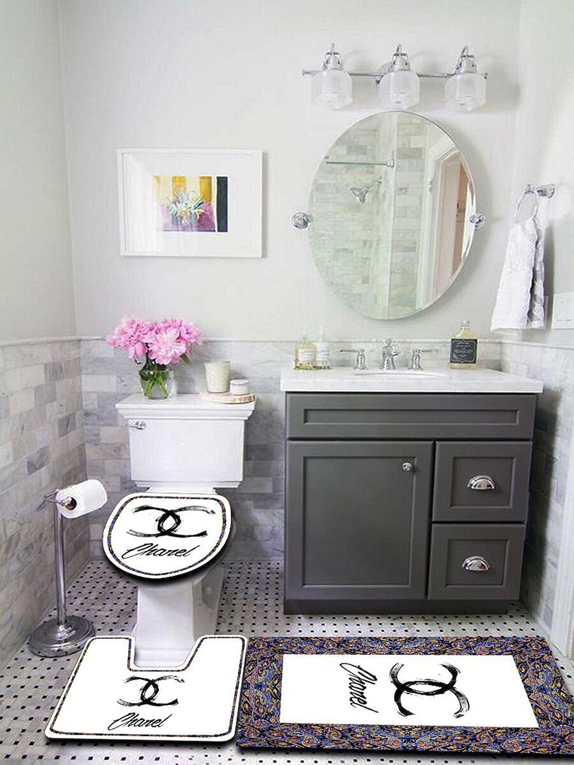 Yıkanabilir Kaymaz Tabanlı Dekoratif Desenli 3 lü Klozet Takımı Banyo Paspas Seti