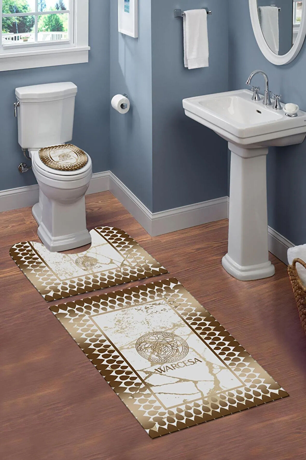 Yıkanabilir Kaymaz Tabanlı Dekoratif Desenli 3 lü Klozet Takımı Banyo Paspas Seti