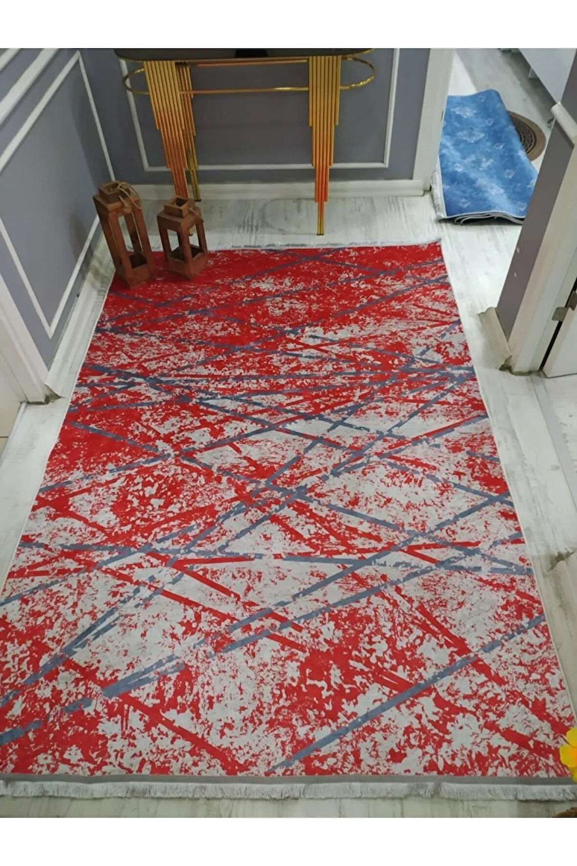 Kaymaz Tabanlı Yıkanabilir Geometrik Çizgiler Desenli Dokuma Taban Halı
