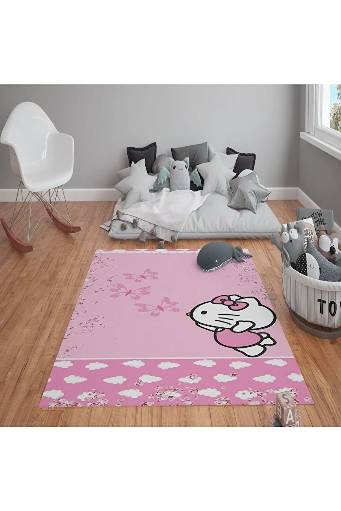 Kaymaz Tabanlı Yıkanabilir Hello Kitty Çocuk Halısı Dot Taban Halı