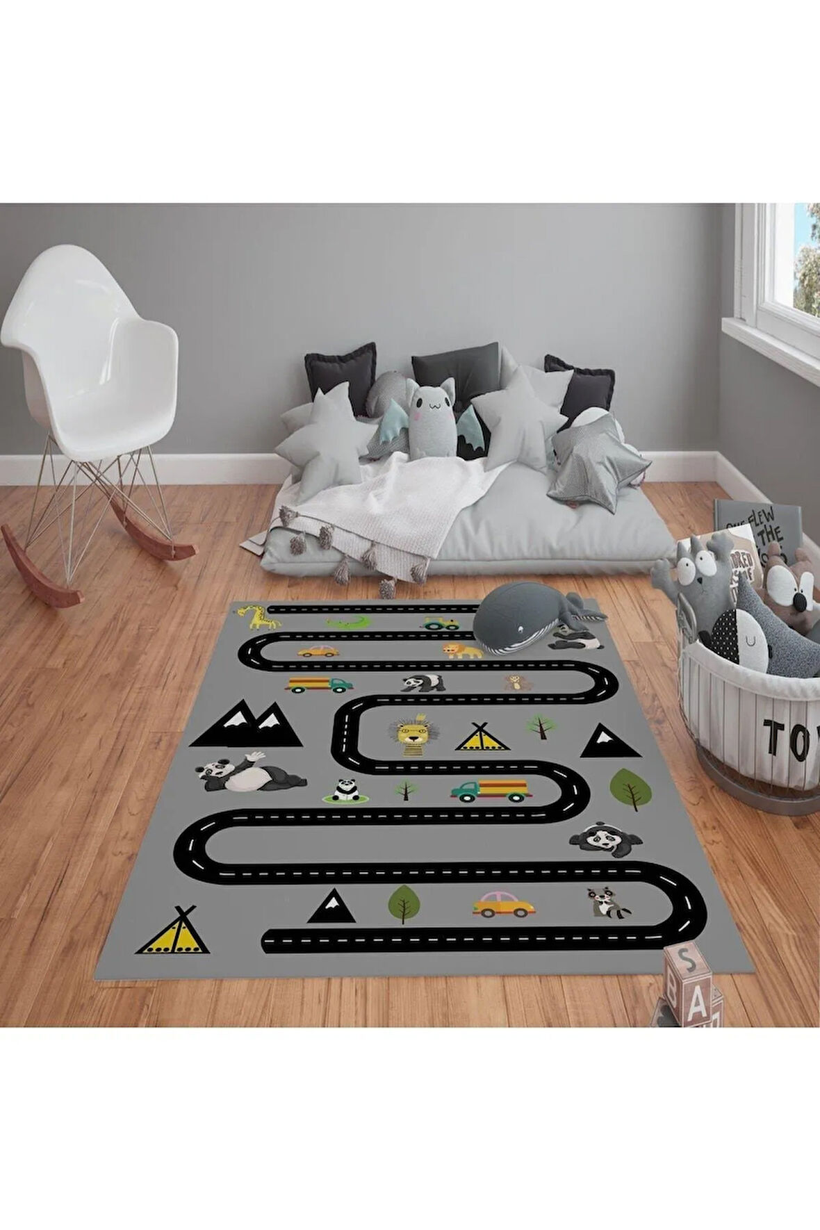 Kaymaz Tabanlı Yıkanabilir  Jungle Yol Desenli Çocuk Halısı Dot Taban Halı