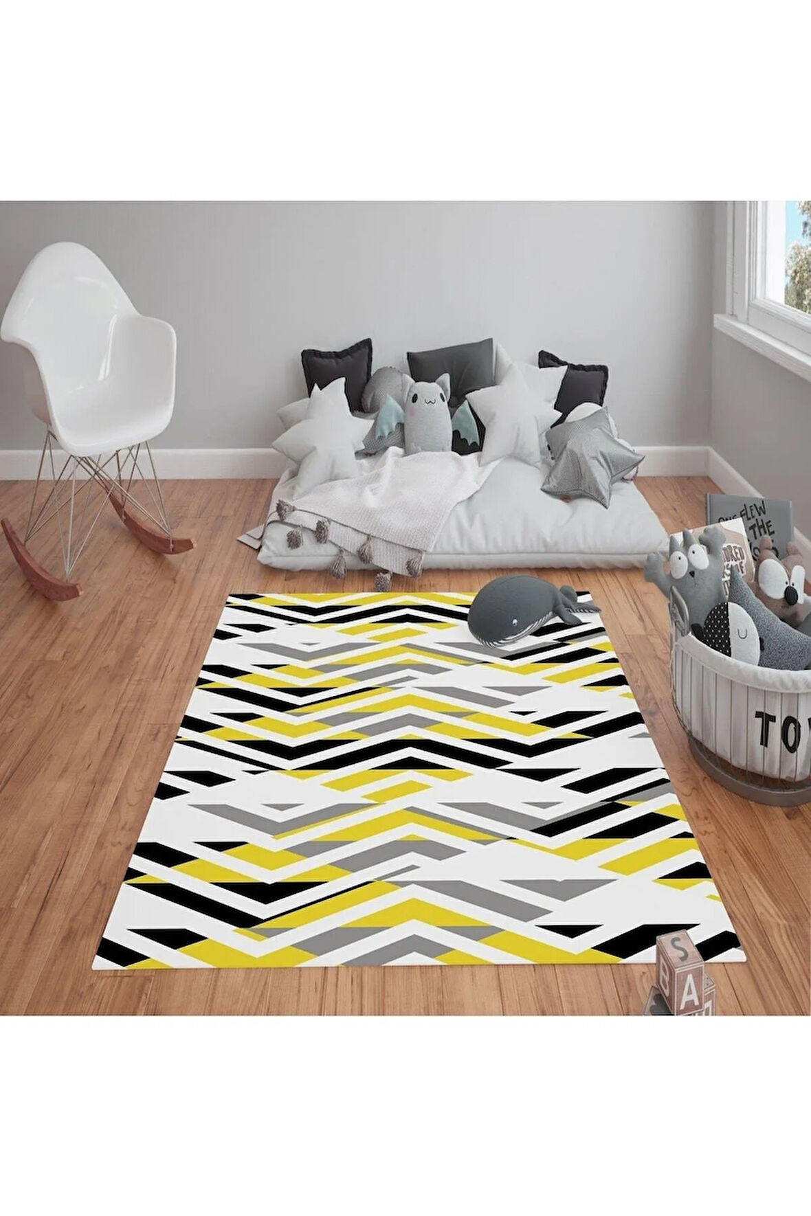 Kaymaz Tabanlı Yıkanabilir  Zigzag Desenli Çocuk Halısı Dot Taban Halı