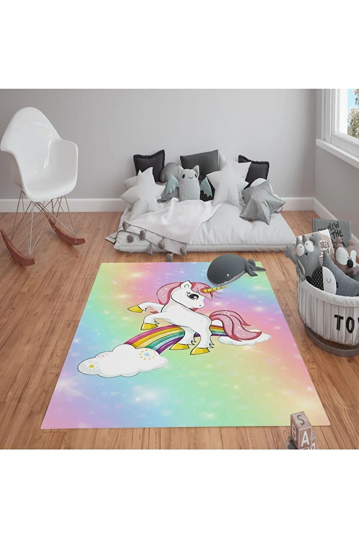 Kaymaz Tabanlı Yıkanabilir  Gökkuşağı Unicorn Desenli Çocuk Halısı Dot Taban Halı