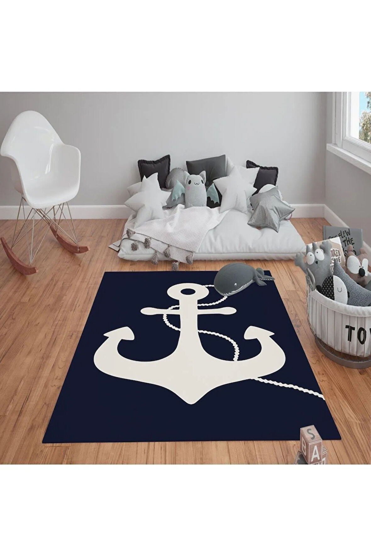 Kaymaz Tabanlı Yıkanabilir Çapa Desenli Çocuk Halısı Dot Taban Halı