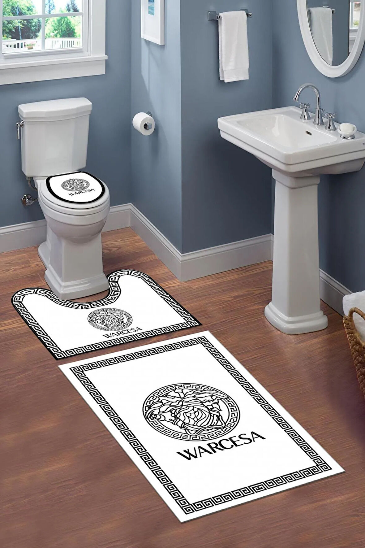 Yıkanabilir Kaymaz Dot Tabanlı Dekoratif Desenli 3'lü Klozet Takımı Banyo Paspas Seti