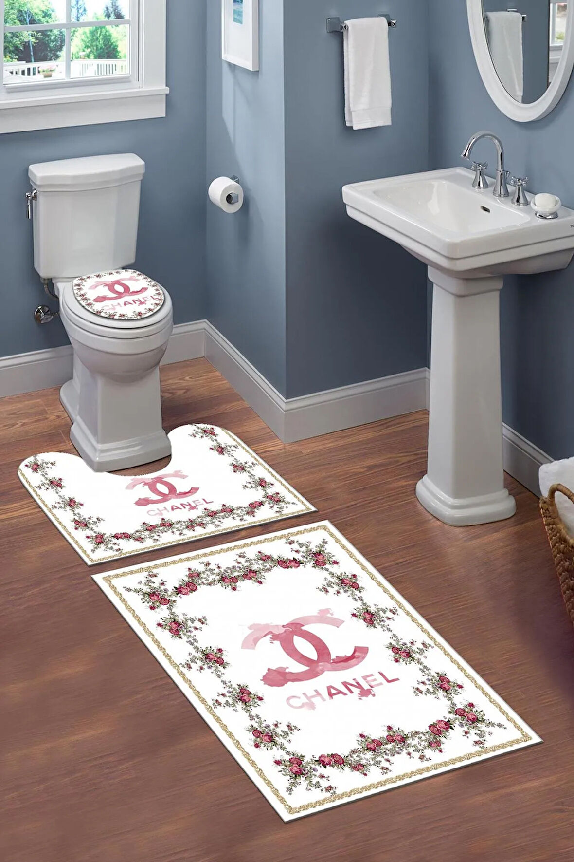 Yıkanabilir Kaymaz Dot Tabanlı Dekoratif Desenli 3'lü Klozet Takımı Banyo Paspas Seti