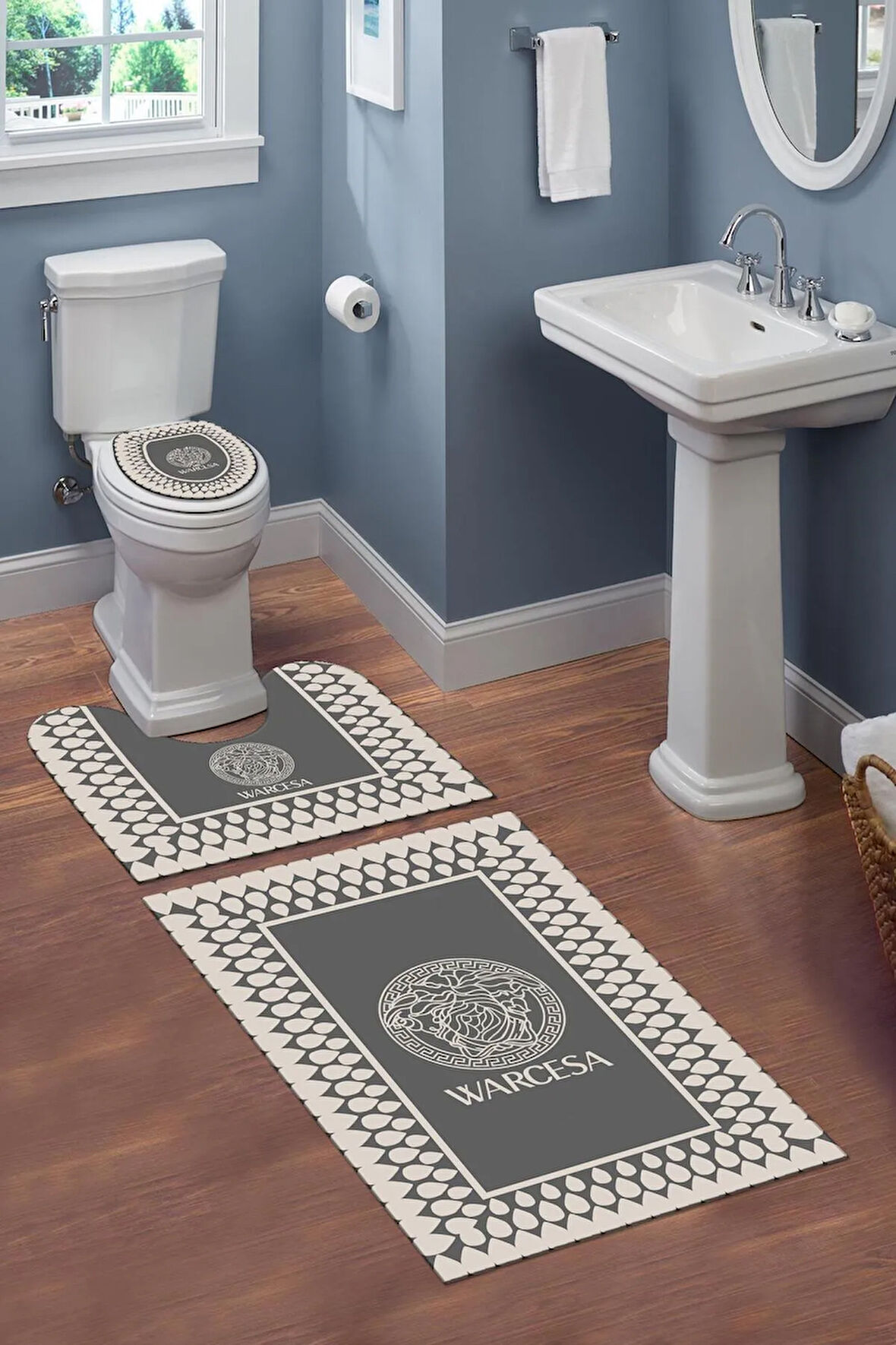 Yıkanabilir Kaymaz Dot Tabanlı Dekoratif Desenli 3'lü Klozet Takımı Banyo Paspas Seti