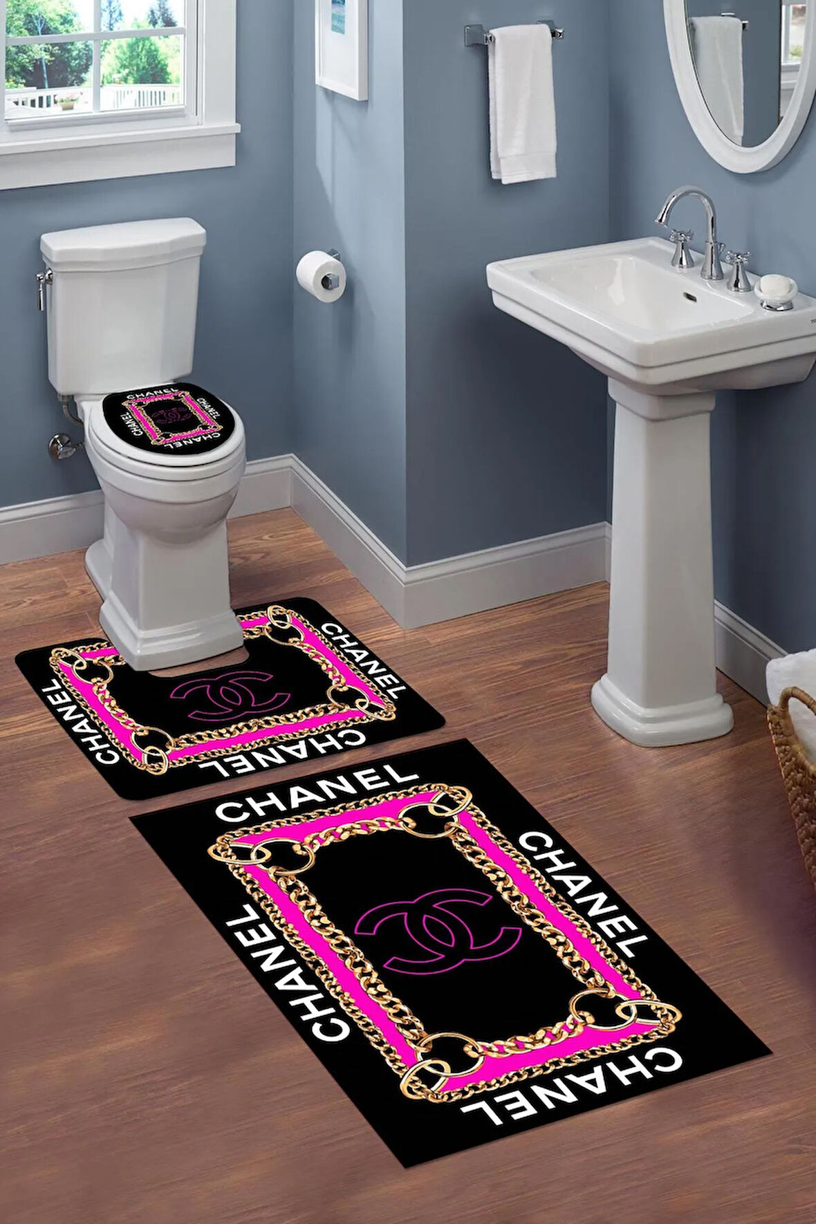 Yıkanabilir Kaymaz Dot Tabanlı Dekoratif Desenli 3'lü Klozet Takımı Banyo Paspas Seti