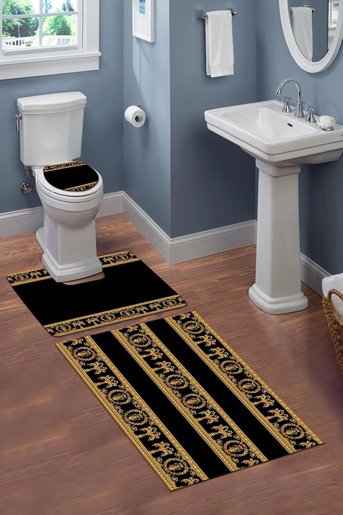 Yıkanabilir Kaymaz Dot Tabanlı Dekoratif Desenli 3'lü Klozet Takımı Banyo Paspas Seti