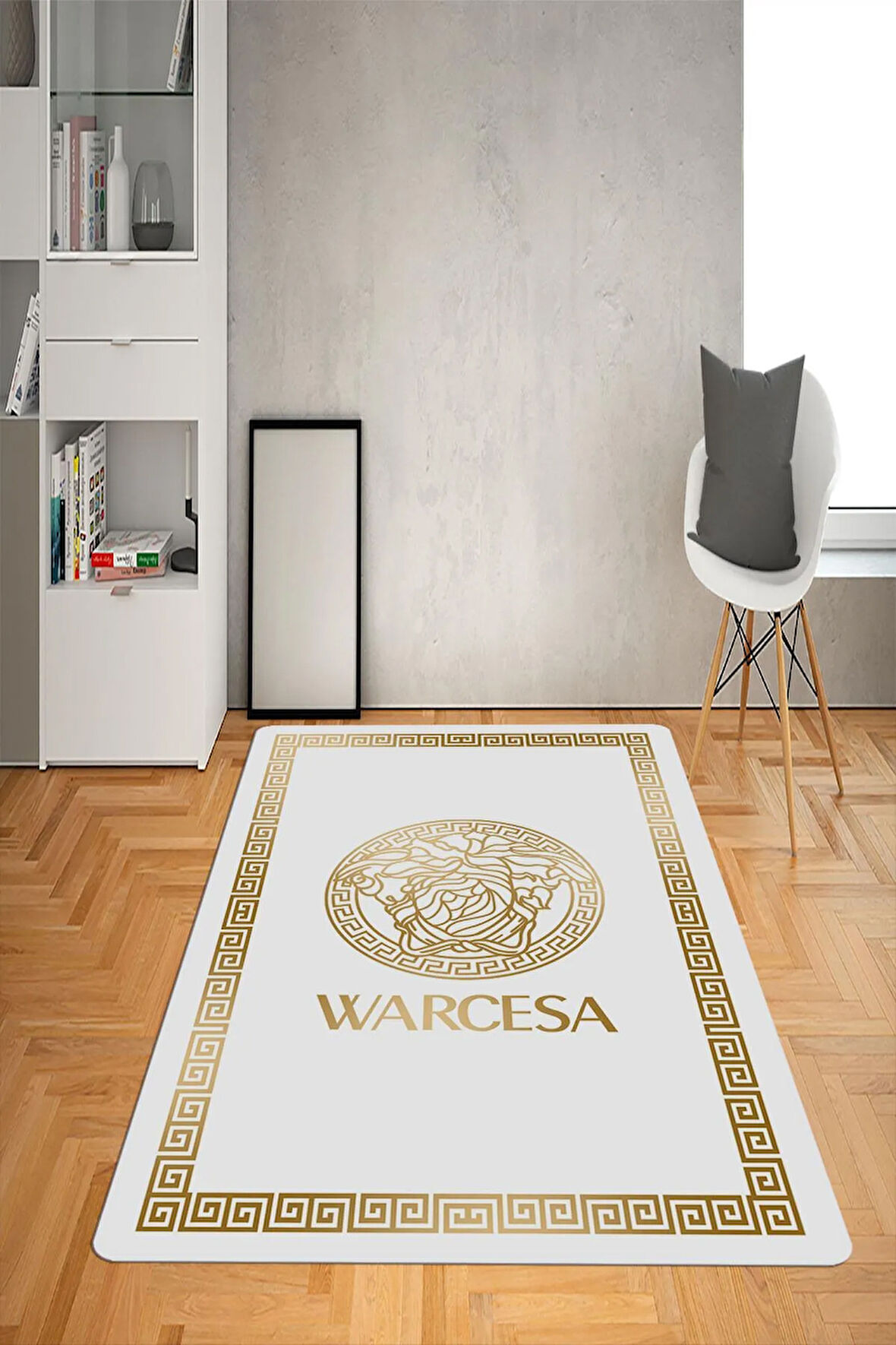 Kaymaz Taban Yıkanabilir Gold Geçişli Medusa Kafası Desenli Dot Taban Halı
