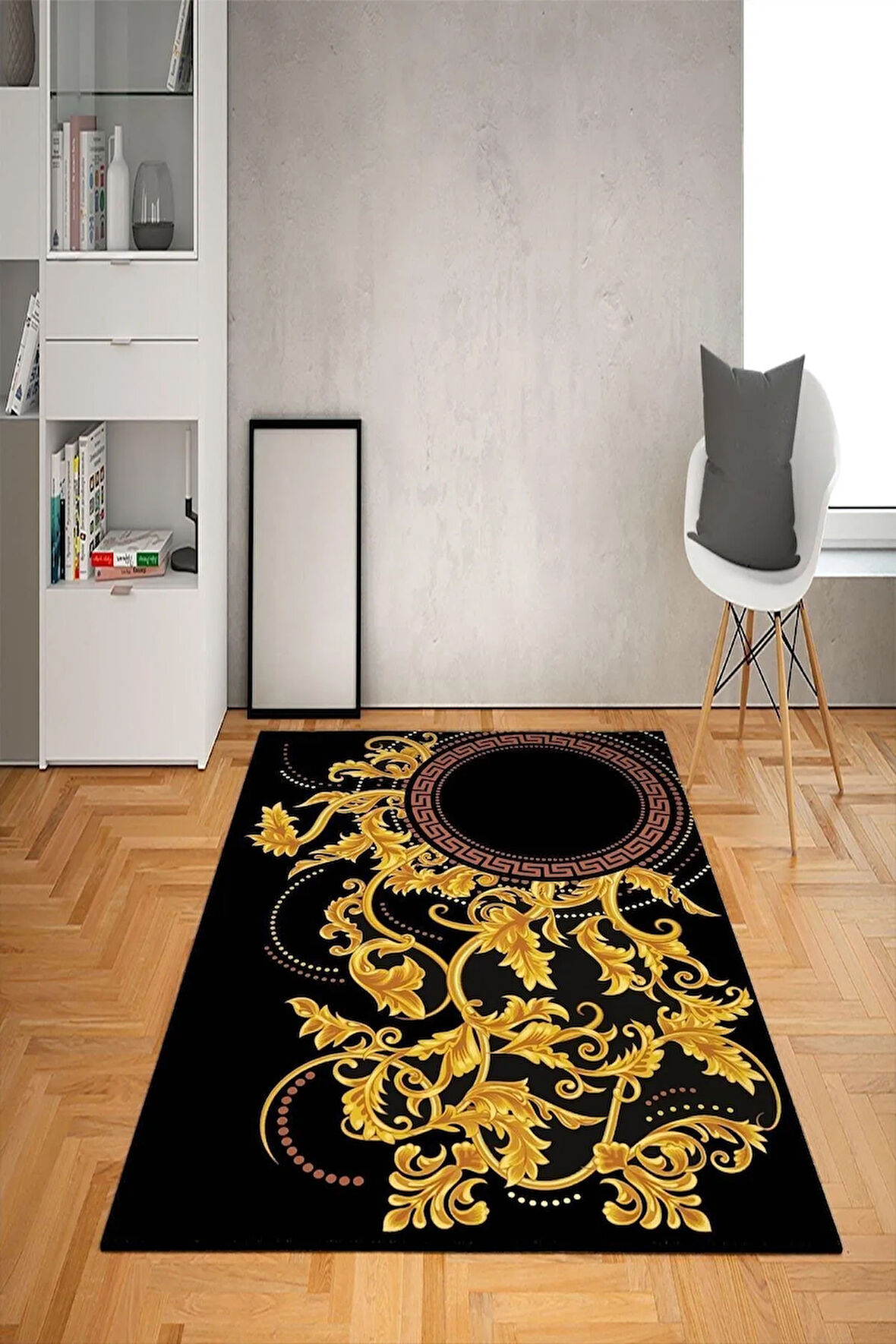 Kaymaz Taban Yıkanabilir Gold Baroque Desenli Dot Taban Halı