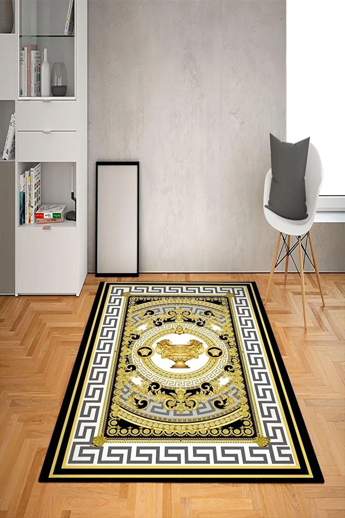 Kaymaz Taban Yıkanabilir Çerçeveli Baroque Aslan Kupa Desenli Dot Taban Halı