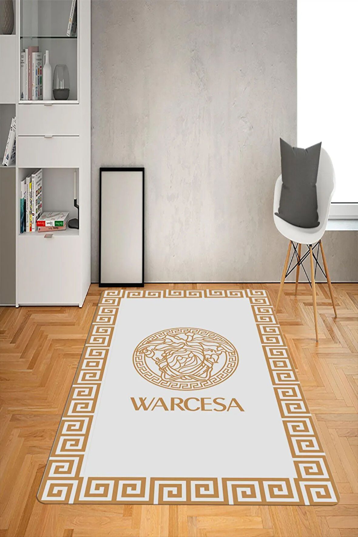 Kaymaz Taban Yıkanabilir Gold Çerçeveli Medusa Desenli Dot Taban Halı