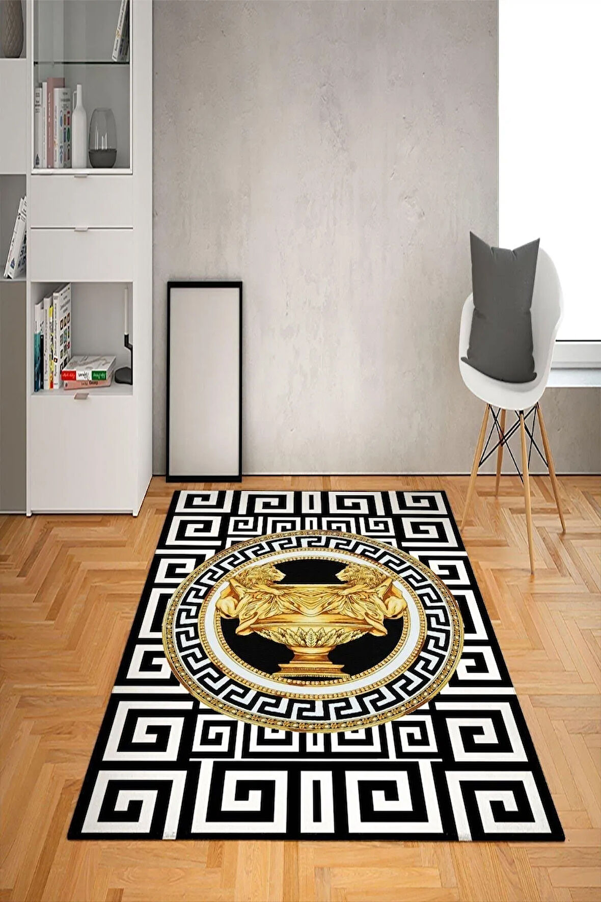 Kaymaz Taban Yıkanabilir Gold Aslan Kupa Medusa Desenli Dot Taban Halı