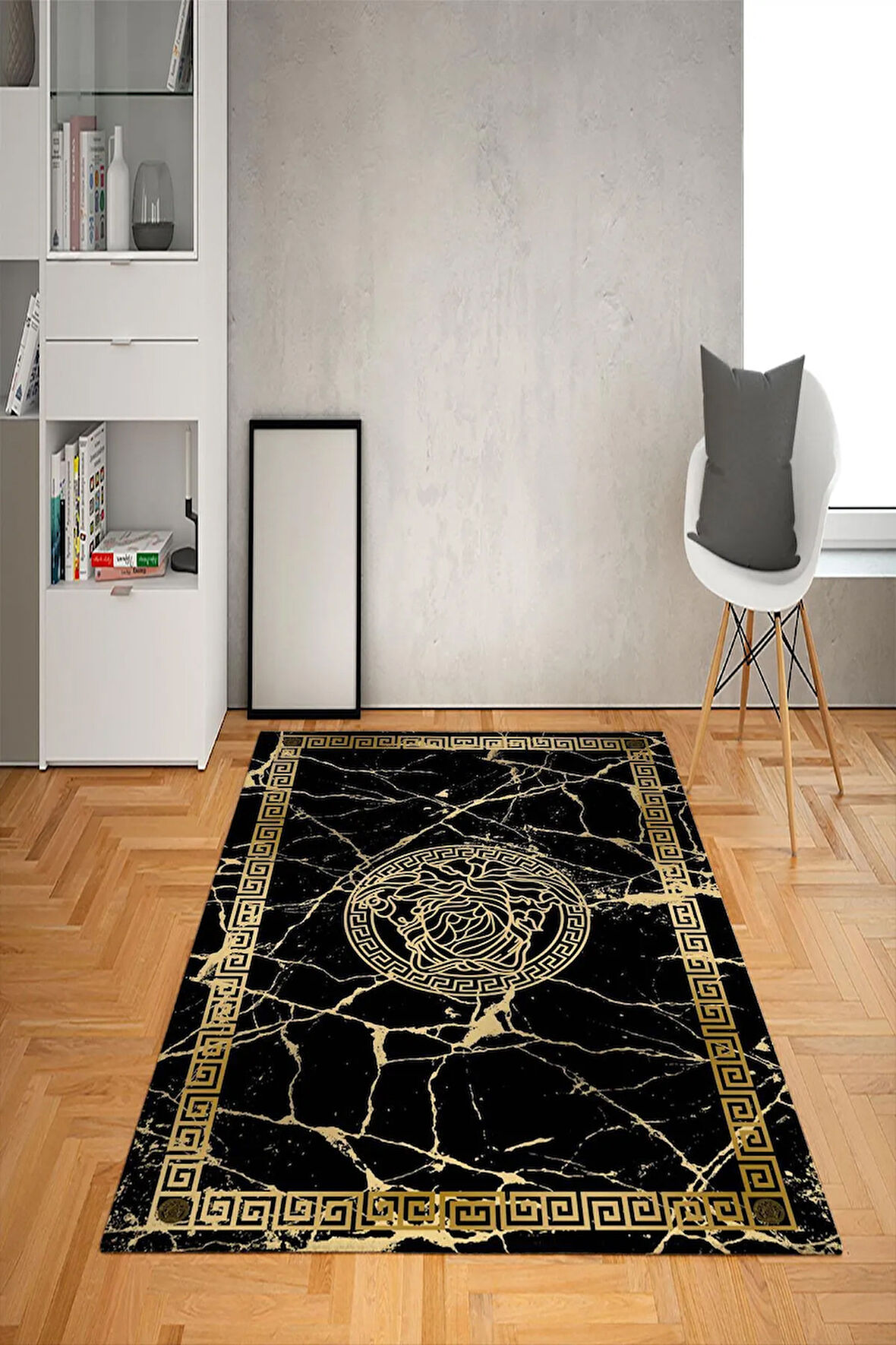 Kaymaz Taban Yıkanabilir Çerçeveli Granitli Medusa Desenli Dot Taban Halı