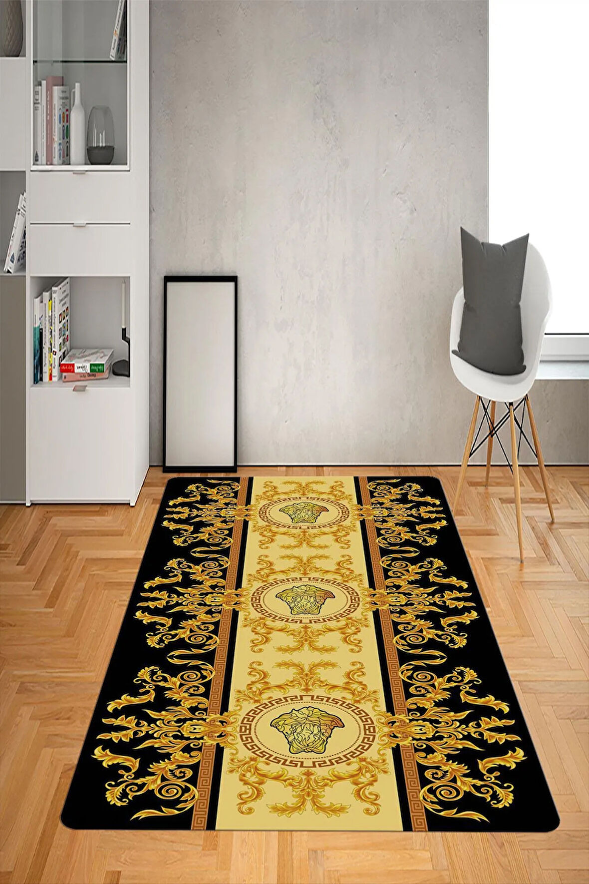 Kaymaz Taban Yıkanabilir Gold Baroque Medusa Desenli Dot Taban Halı