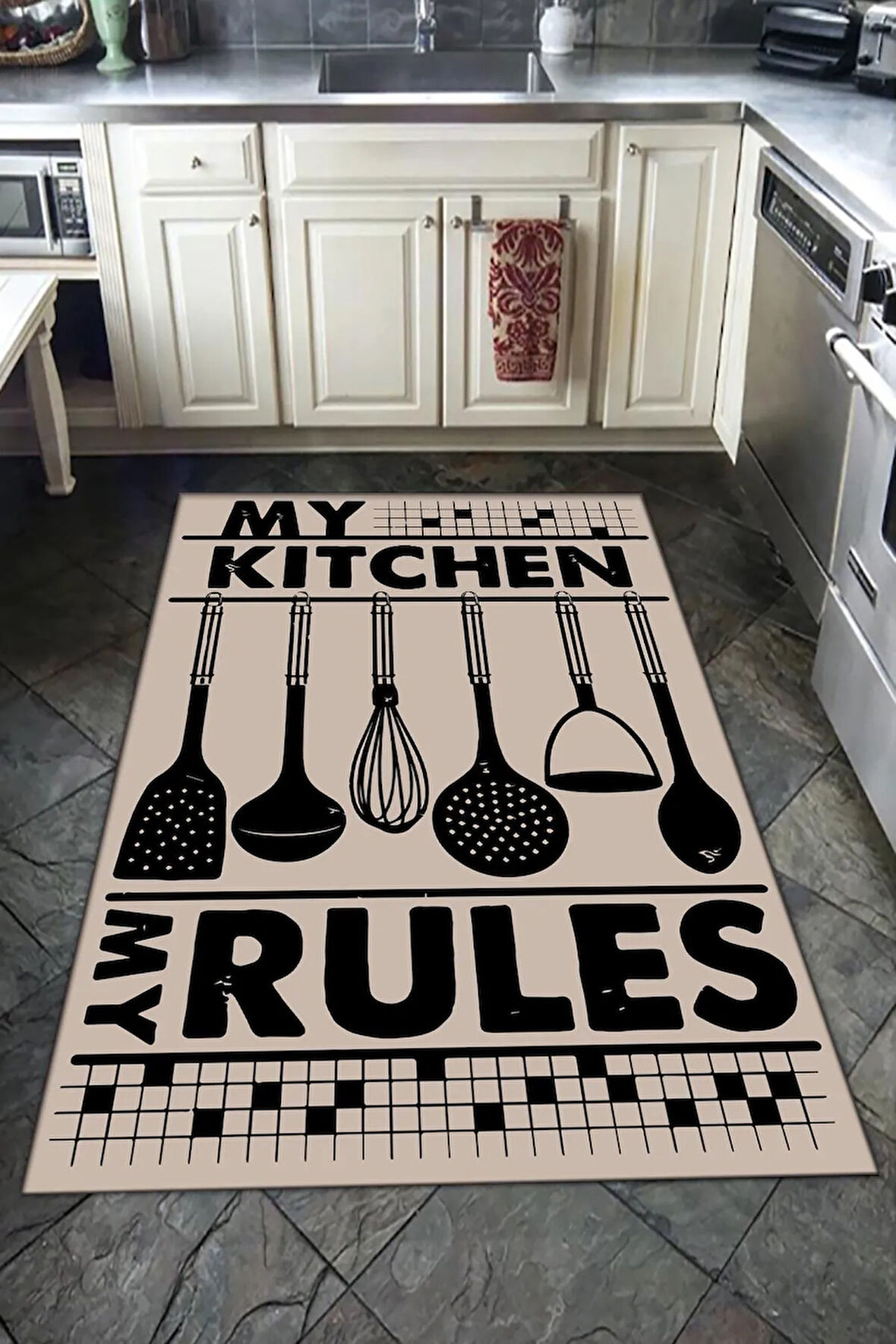 Kaymaz Tabanlı Yıkanabilir My Kitchen My Rules Desenli Dot Taban Halı