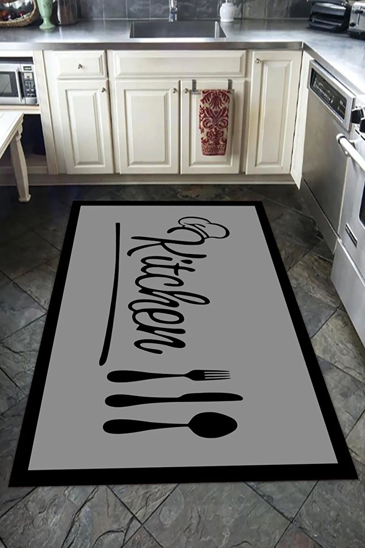 Kaymaz Tabanlı Yıkanabilir Kitchen Desenli Dot Taban Halı