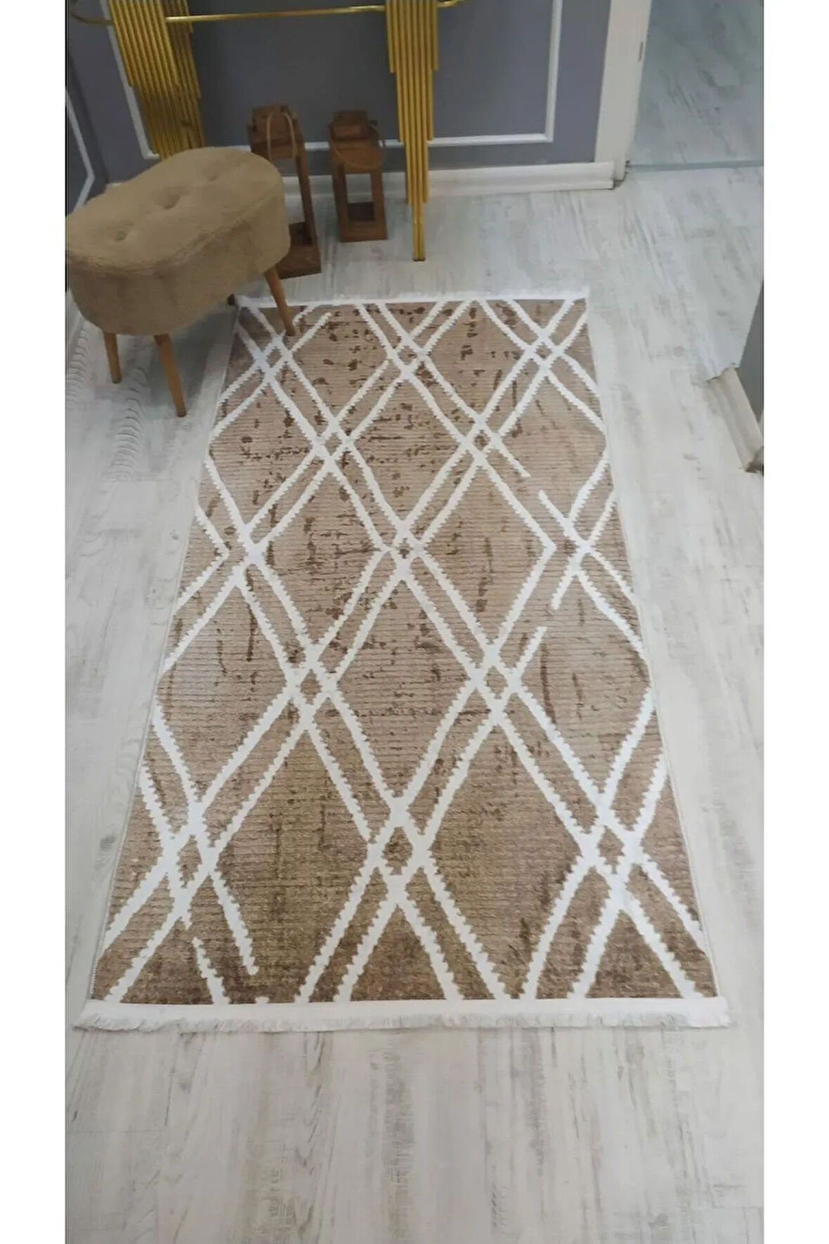 Kaymaz Tabanlı Yıkanabilir Çizgili İskandinav Kilim Desenli Dot Taban Halı