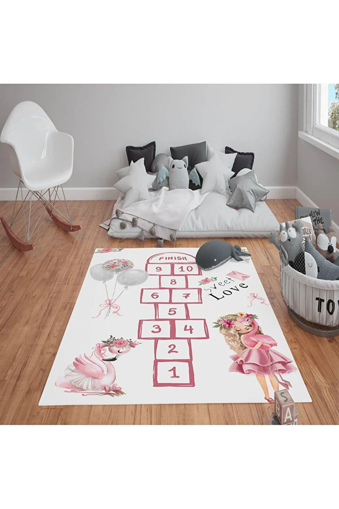 Kaymaz Tabanlı Yıkanabilir Seksek Desenli Çocuk Halısı Dot Taban Halı