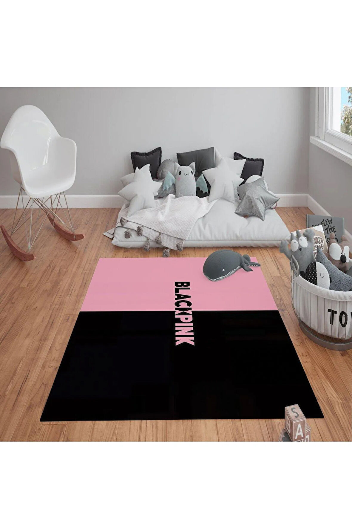 Kaymaz Tabanlı Yıkanabilir BlackPink Desenli Çocuk Halısı Dot Taban Halı