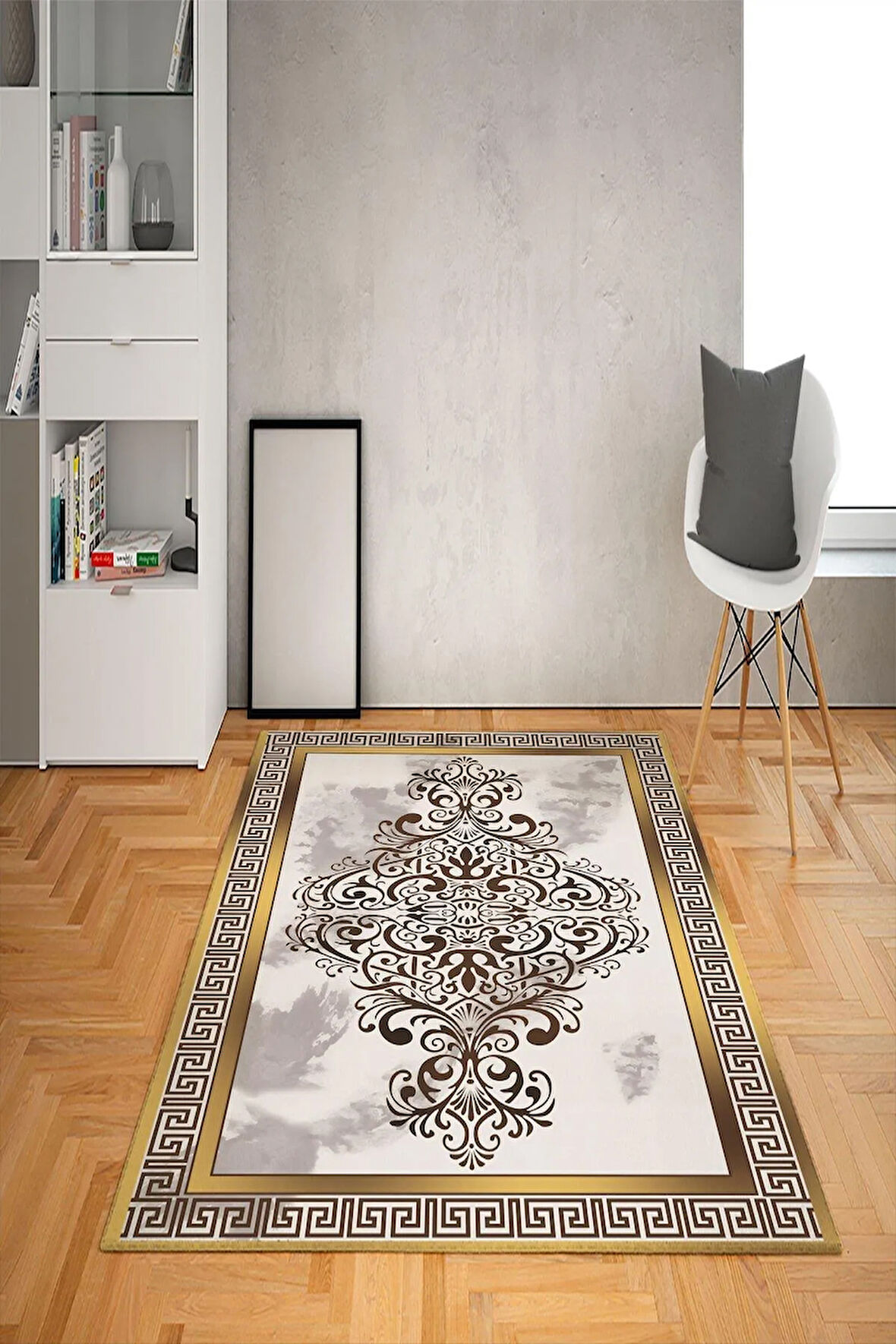Kaymaz Tabanlı Yıkanabilir Çerçeveli Geometrik Desenli Dot Taban Halı
