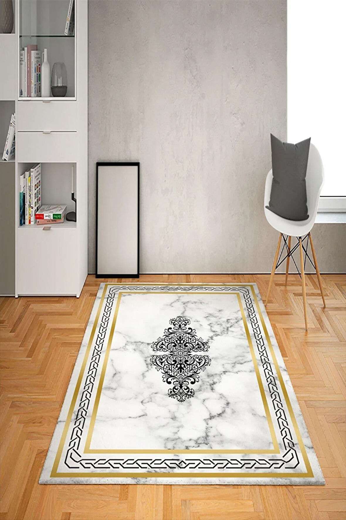 Kaymaz Tabanlı Yıkanabilir Geometrik Çerçeve Desenli Dot Taban Halı