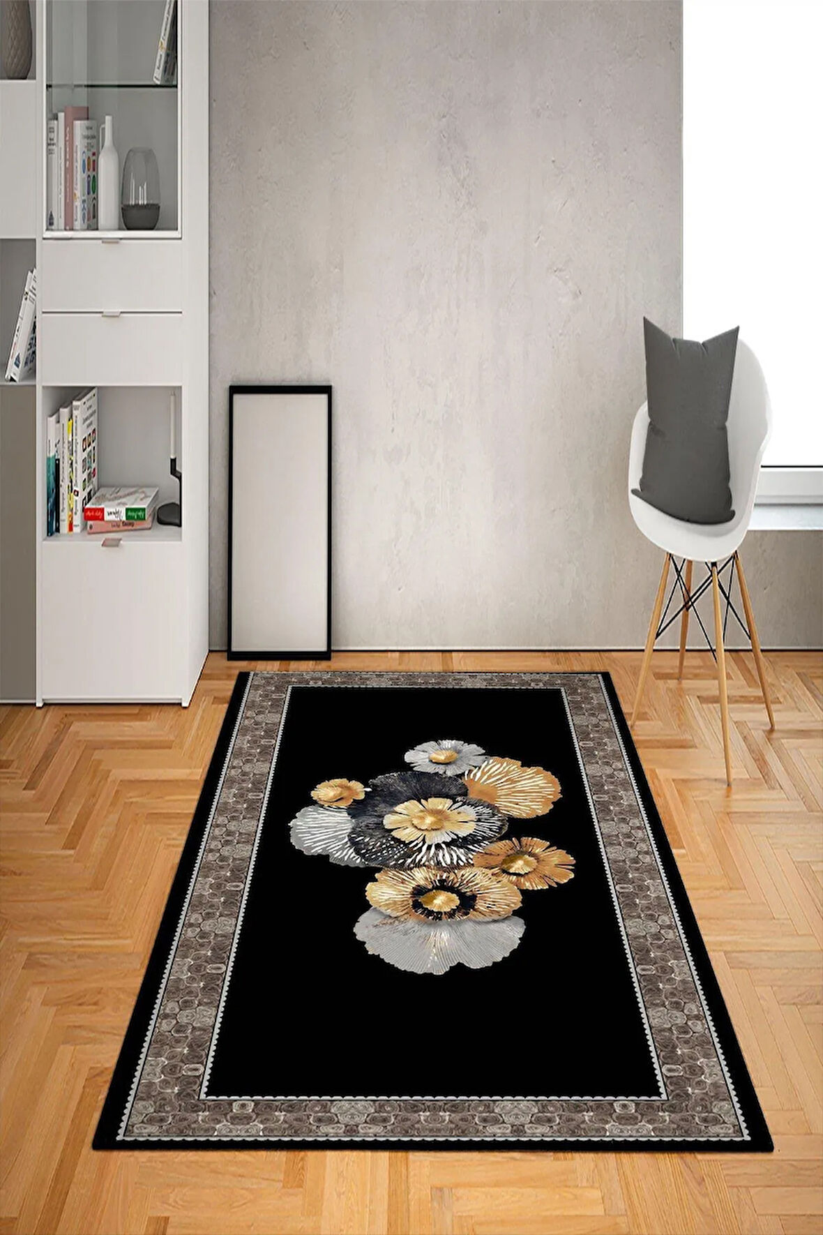 Kaymaz Tabanlı Yıkanabilir Çerçeve Çiçek Desenli Dot Taban Halı