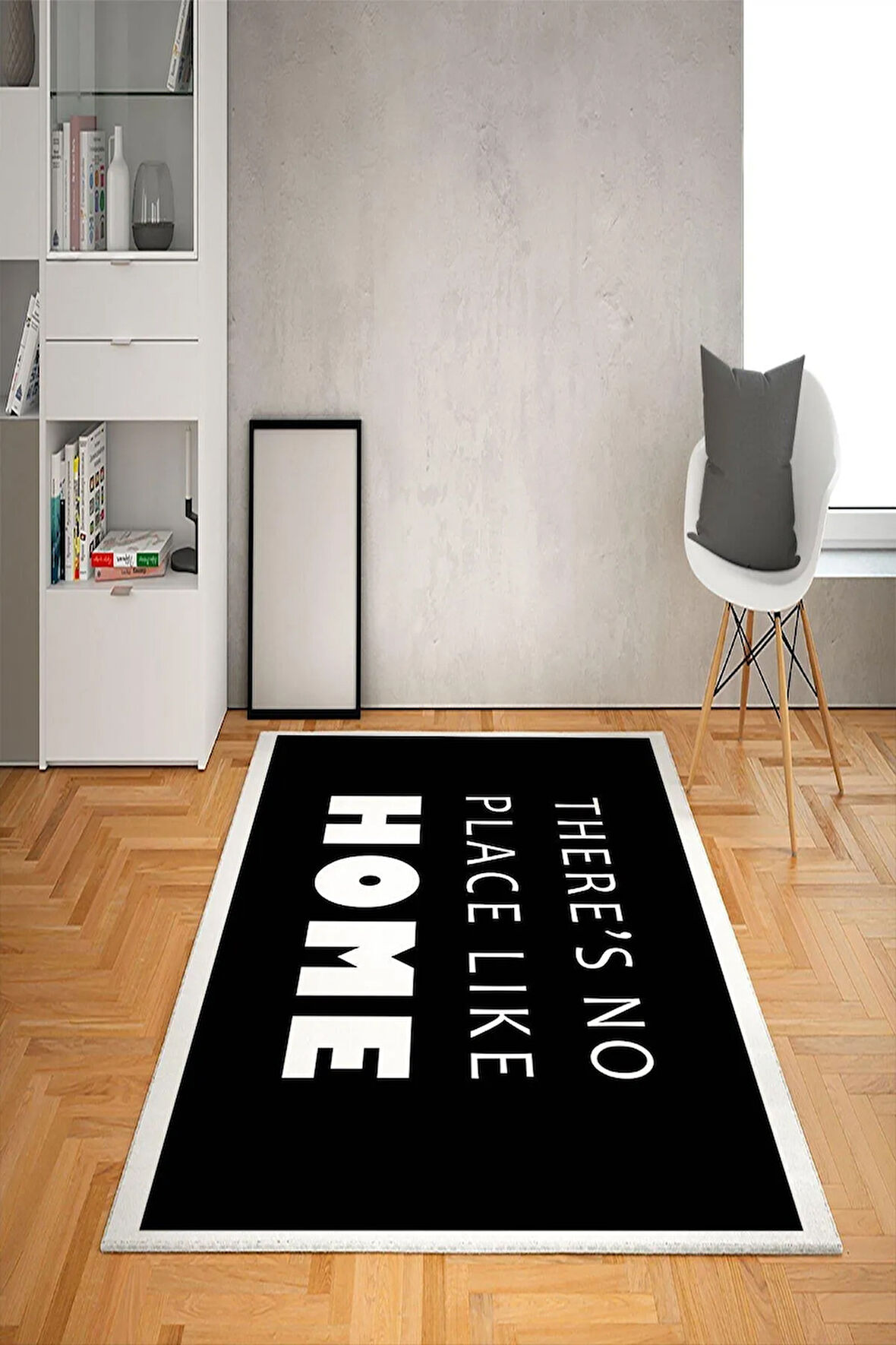 Kaymaz Tabanlı Yıkanabilir Çerçeveli Home Desenli Dot Taban Halı
