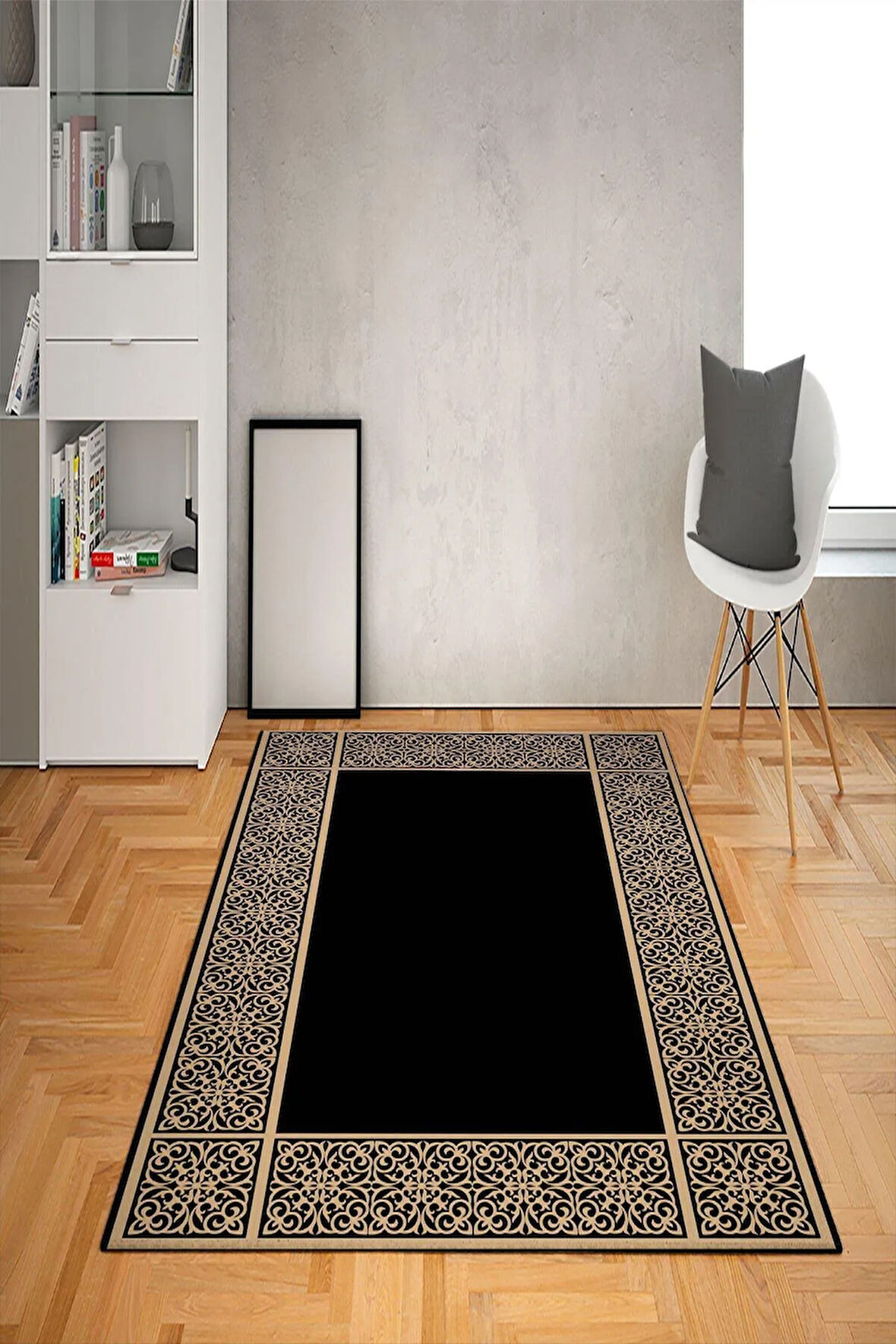 Kaymaz Tabanlı Yıkanabilir Geometrik Çerçeve Desenli Dot Taban Halı