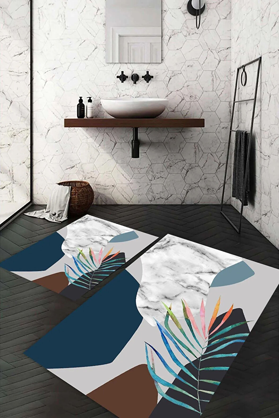 Dijital Baskı Kaymaz Taban Yıkanabilir 2'li Banyo Paspas Takımı