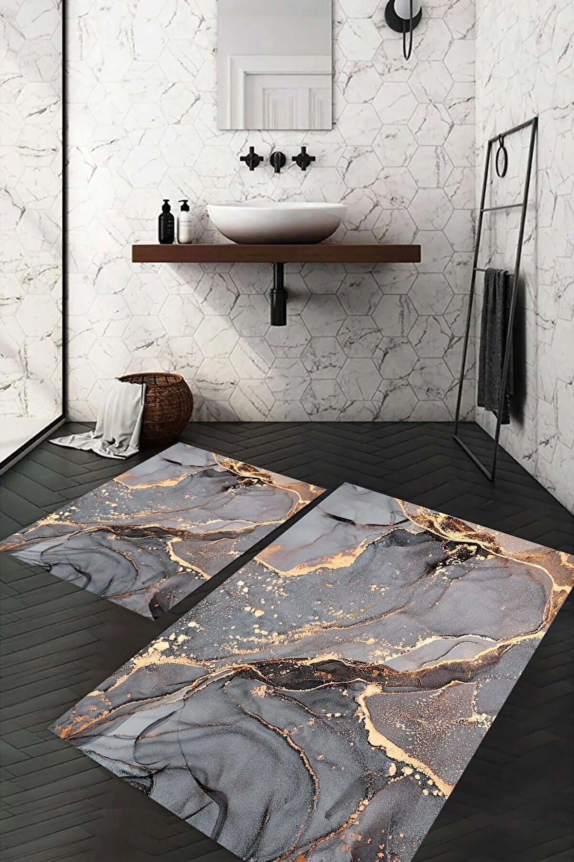 Dijital Baskı Kaymaz Taban Yıkanabilir 2'li Banyo Paspas Takımı