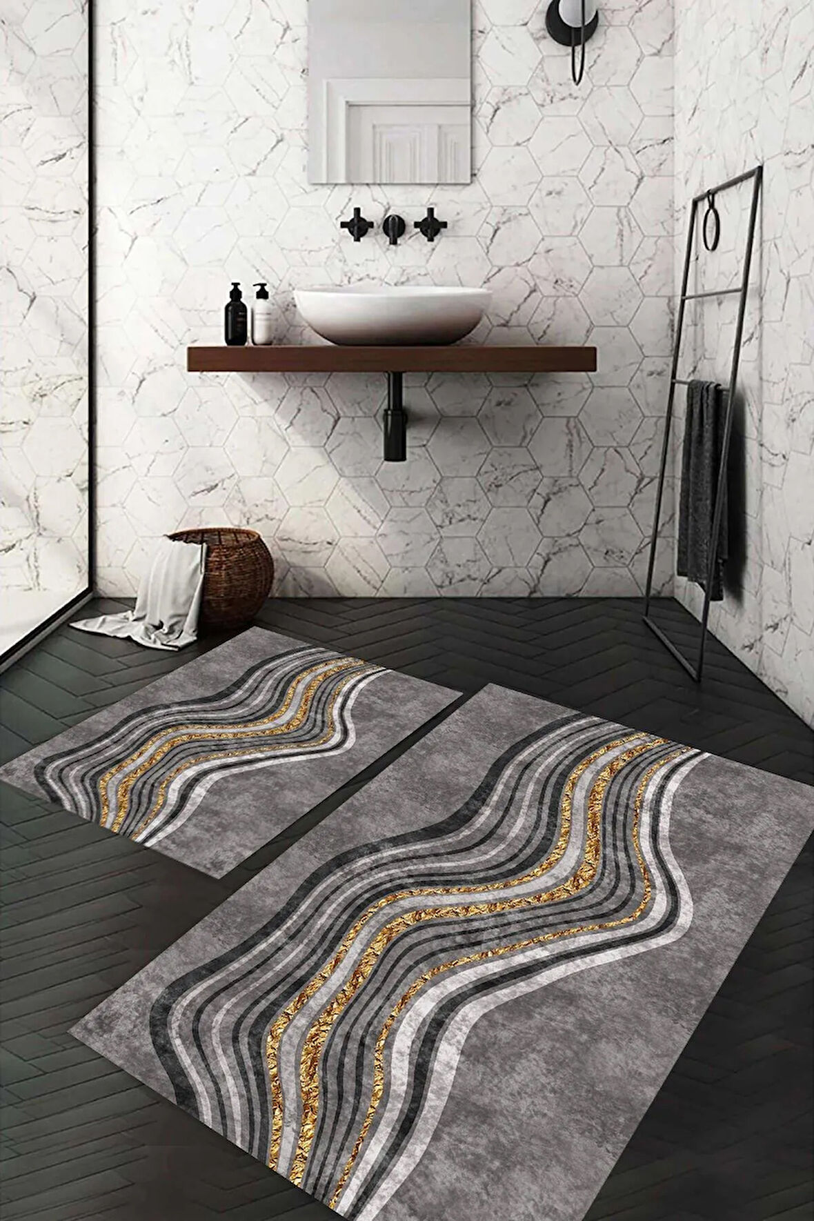 Dijital Baskı Kaymaz Taban Yıkanabilir 2'li Banyo Paspas Takımı