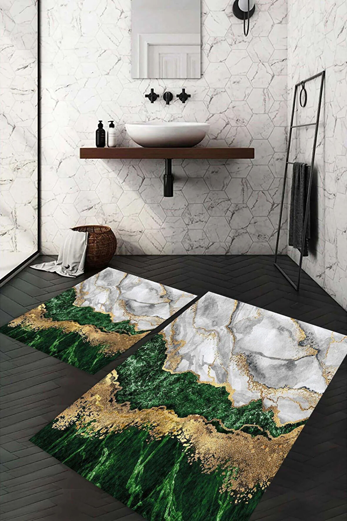 Dijital Baskı Kaymaz Taban Yıkanabilir 2'li Banyo Paspas Takımı
