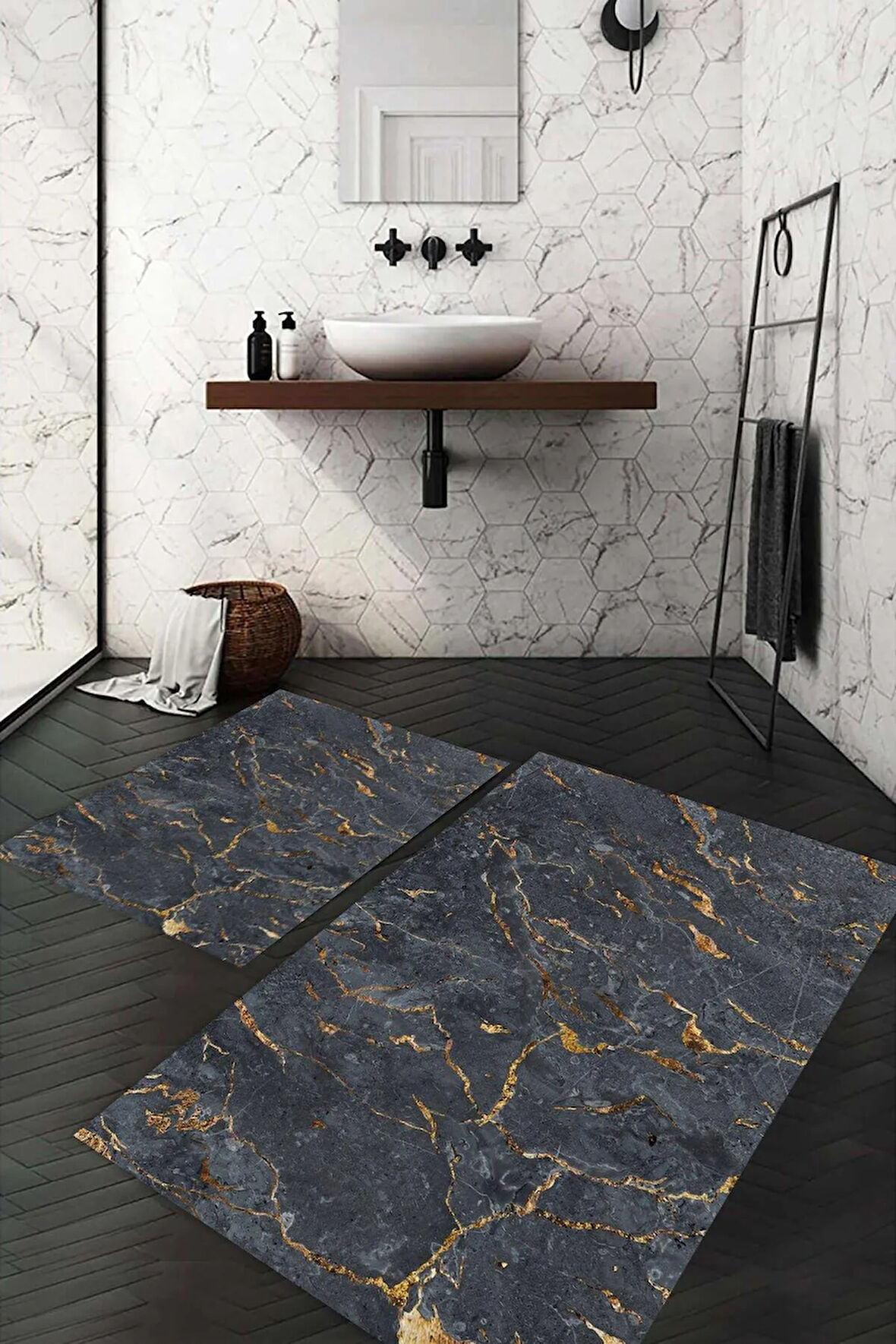 Dijital Baskı Kaymaz Taban Yıkanabilir 2'li Banyo Paspas Takımı