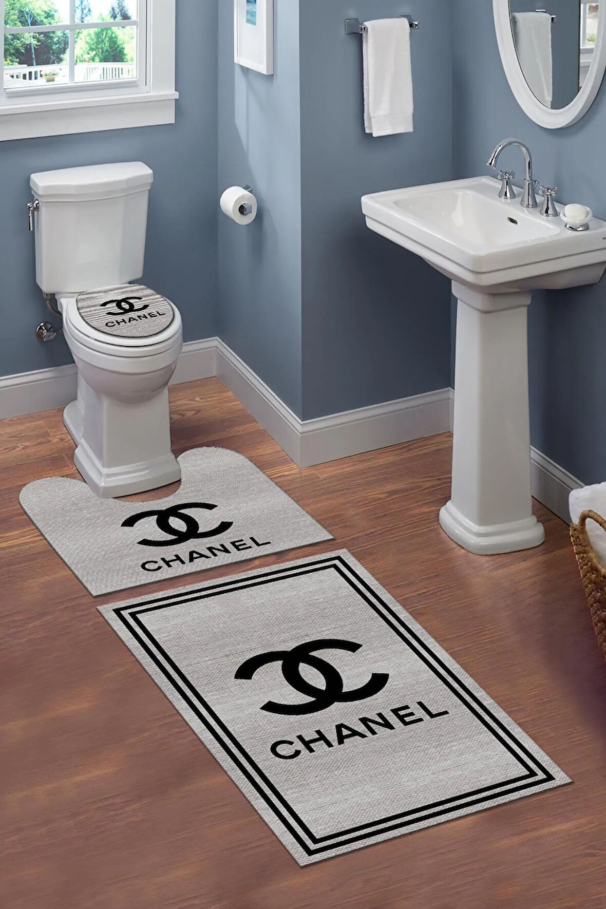 Yıkanabilir Kaymaz Tabanlı Dekoratif Desenli 3 lü Klozet Takımı Banyo Paspas Seti